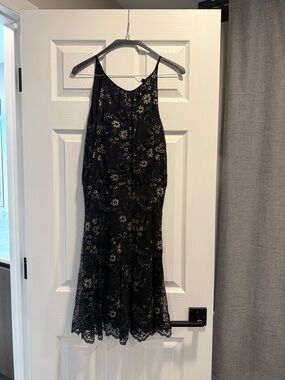Black Lace Midi Dress with Gold Floral Embroidery